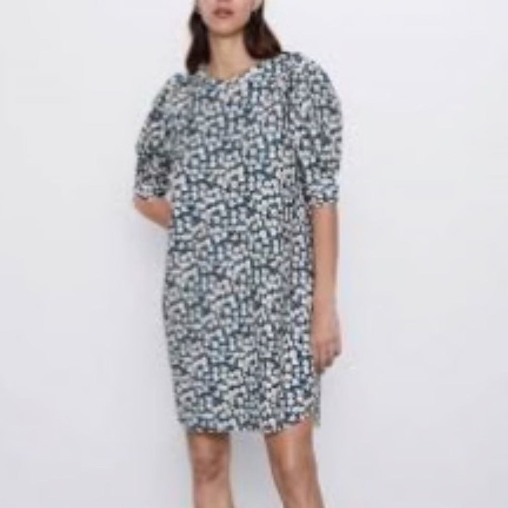 Zara Dark teal floral print dress Puffy Sleeves & Seamless Hem Size Small